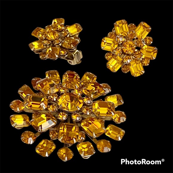 🌹WEISS Citrine or Topaz Colored Rhinestone Starburst Earrings & Brooch Set - Picture 3 of 12